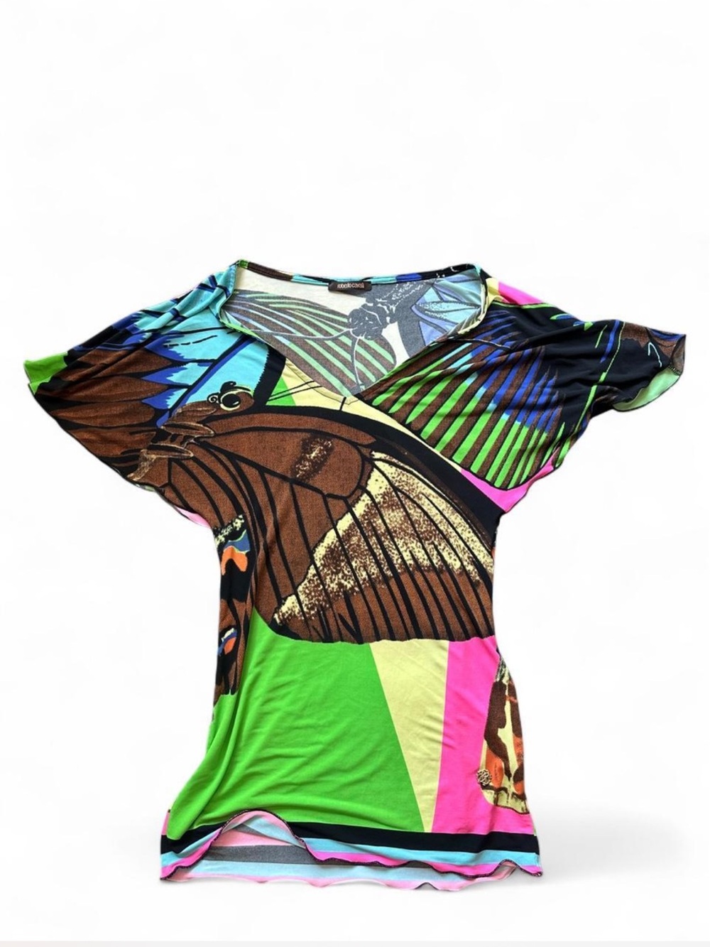 Roberto Cavalli butterfly print top with multicolored wings and geometric shapes